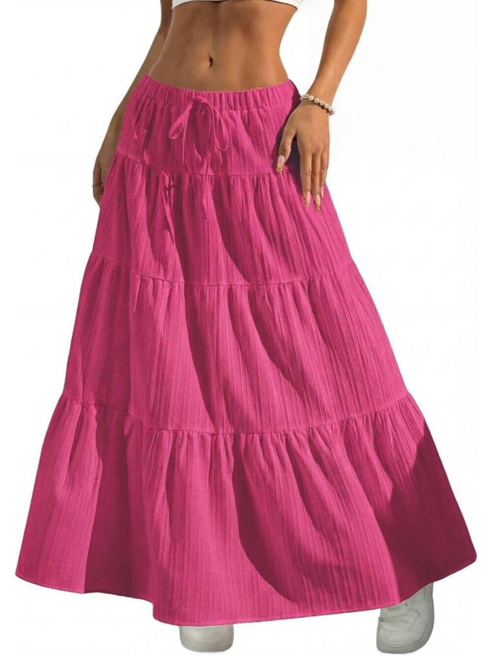 Women's Boho Flowy Pink Maxi Skirt Flared Ruffle A Line Spring Long Skirts